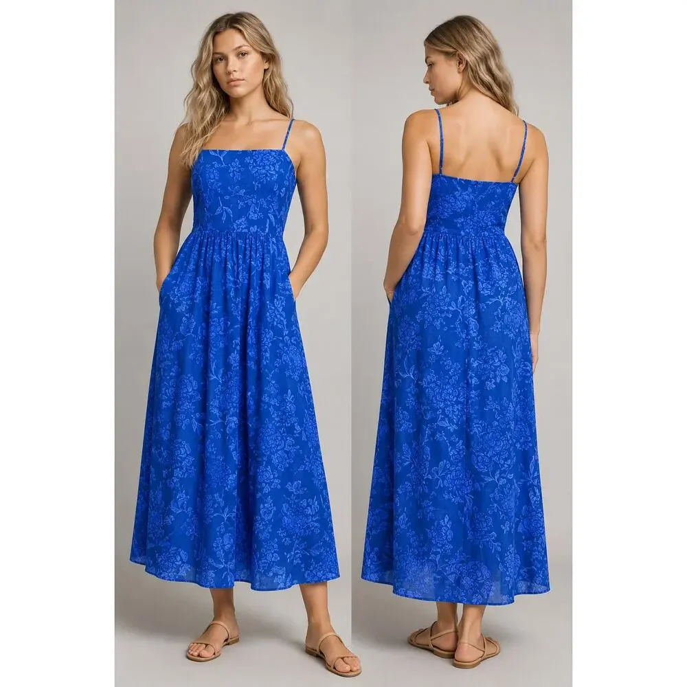 Universal Thread Blue Floral Smocked Midi Dress XS Pockets Cottagecore NWOT - Picture 2 of 11